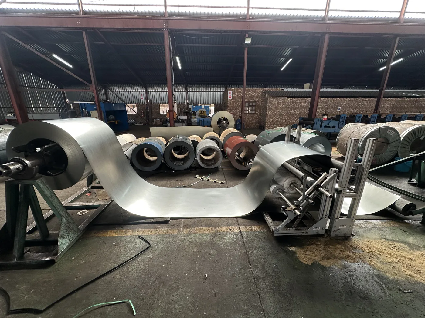 Steel coils and roll-forming line at the Afrisheet factory in Middelburg
